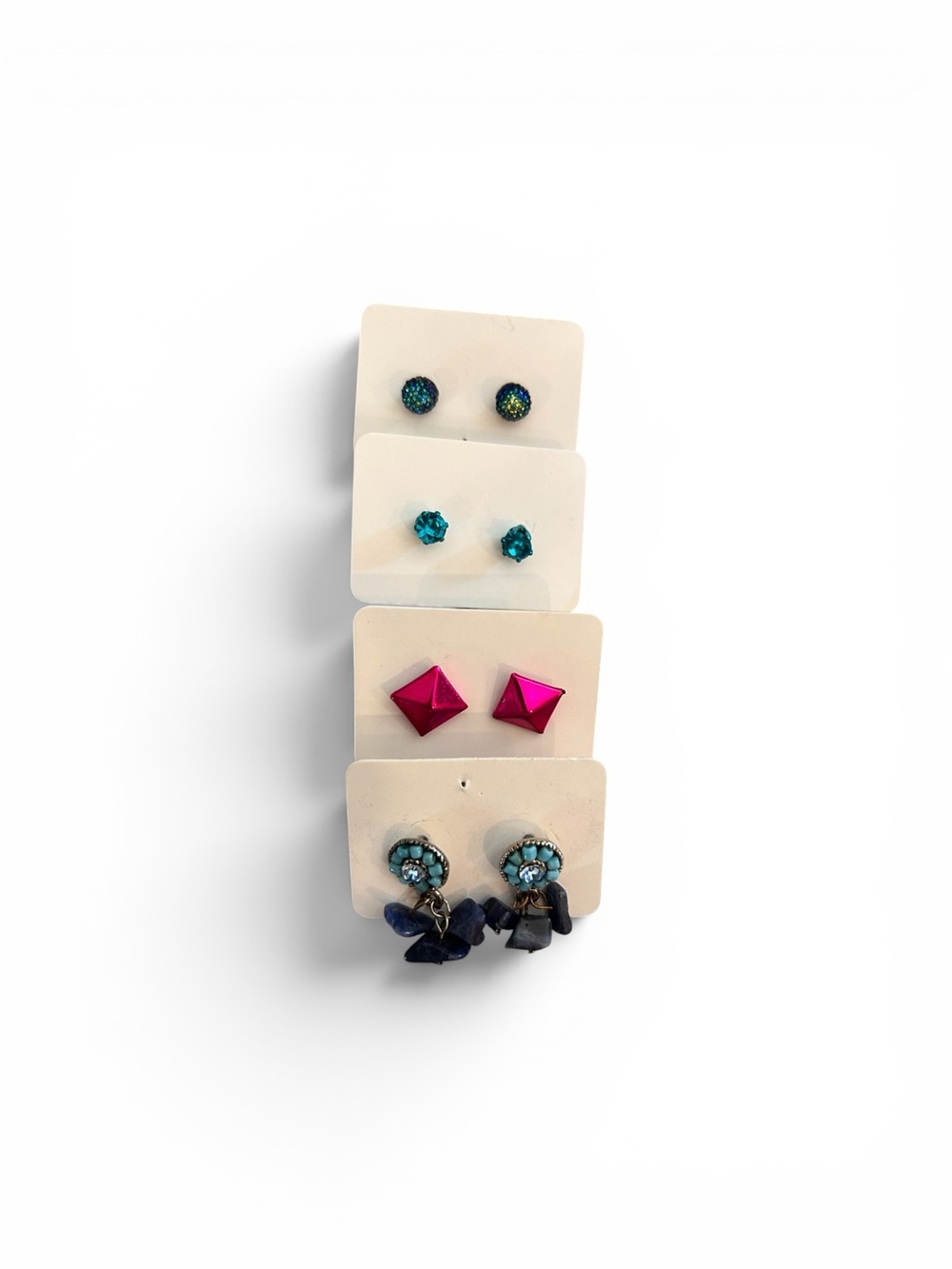 Set of 4 Pairs Mixed Stud and Dangle Earrings - Teal, Fuchsia, Navy